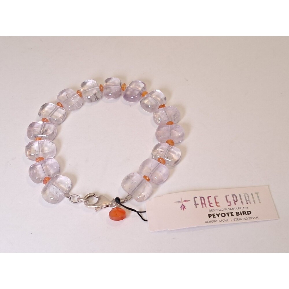 Peyote Bird Clear/Hint Of Purple Flat Rectangles & Orange Beads 7" Bracelet NWT